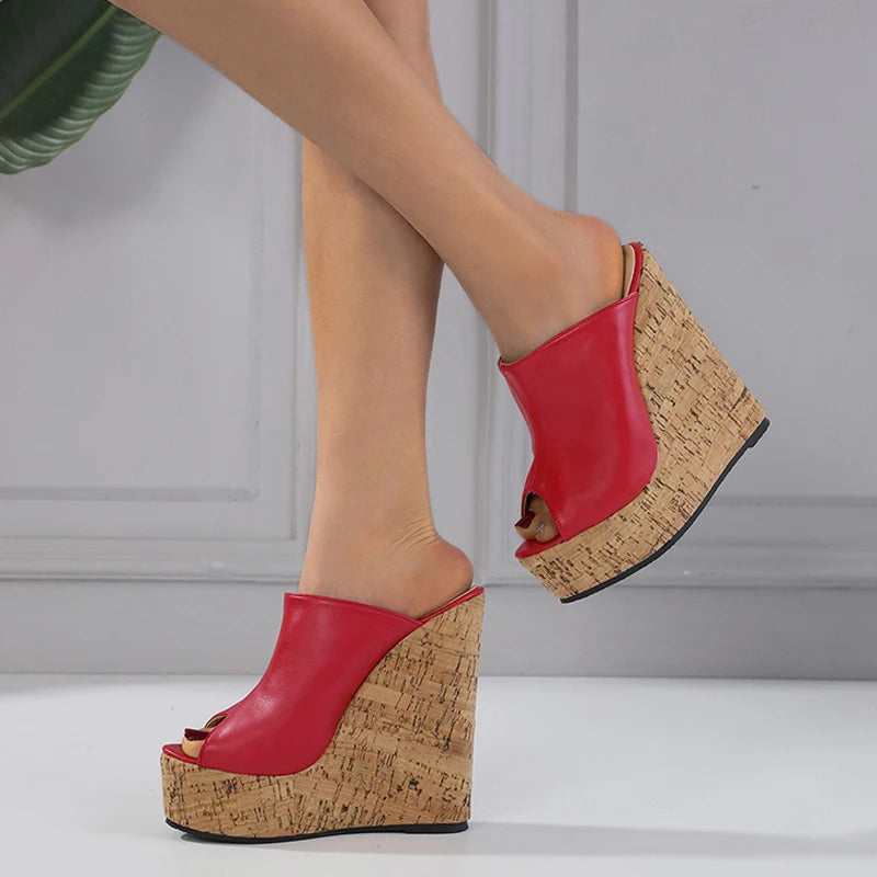 Liyke 2024 Red Leather Peep Toe High Heels Platform Wedges: Sexy 15CM Summer Sandals for Women