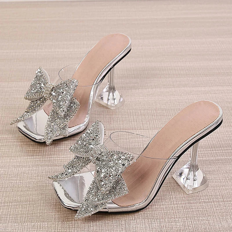 Liyke 2024 Transparent Silver Crystal Bowknot High Heel Slides for Women