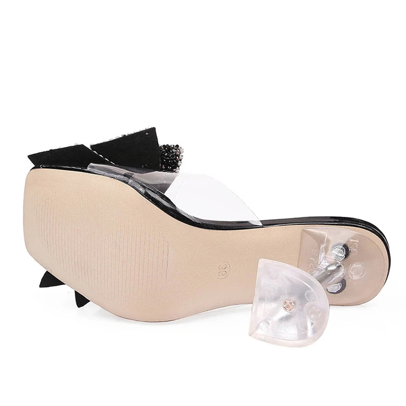 Liyke 2024 Transparent Silver Crystal Bowknot High Heel Slides for Women