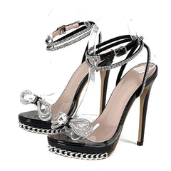 Liyke 2024 Summer Crystal Bowknot Transparent Sandals Women Silver Chain High Heels Platform Sandalias