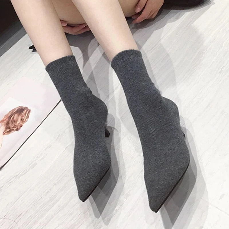 Autumn Winter Casual Cozy Low Thin Heels Knitting Stretch Fabric Ankle Sock Boots Women Pointed Toe Shoes Botas mujer