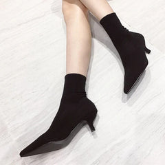 Autumn Winter Casual Cozy Low Thin Heels Knitting Stretch Fabric Ankle Sock Boots Women Pointed Toe Shoes Botas mujer