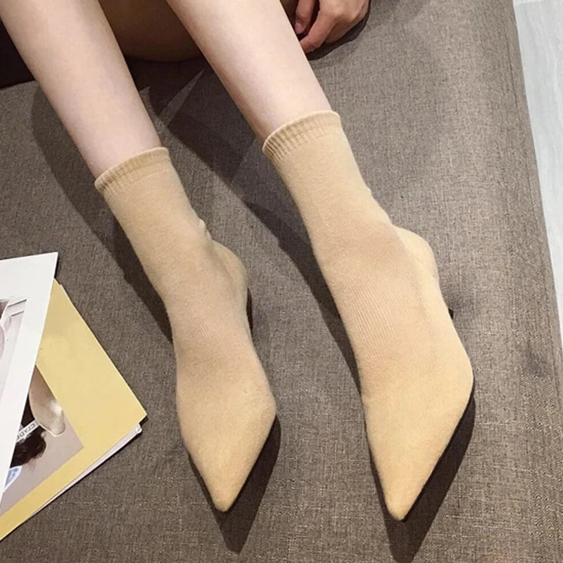 Autumn Winter Casual Cozy Low Thin Heels Knitting Stretch Fabric Ankle Sock Boots Women Pointed Toe Shoes Botas mujer