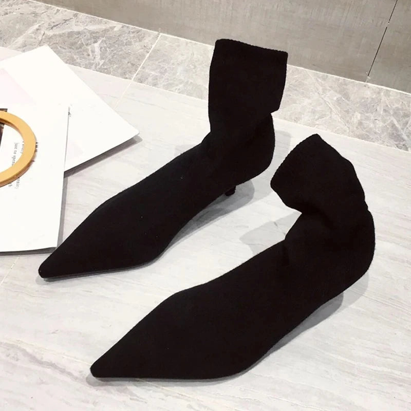 Autumn Winter Casual Cozy Low Thin Heels Knitting Stretch Fabric Ankle Sock Boots Women Pointed Toe Shoes Botas mujer