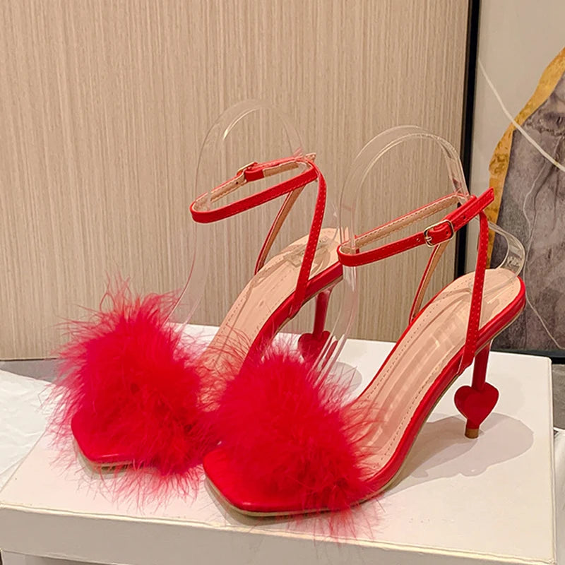 Liyke Big Size 42 Sexy Ankle Strap Strange High Heels Fluffy Feather Women Sandals