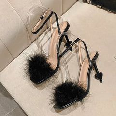 Liyke Big Size 42 Sexy Ankle Strap Strange High Heels Fluffy Feather Women Sandals