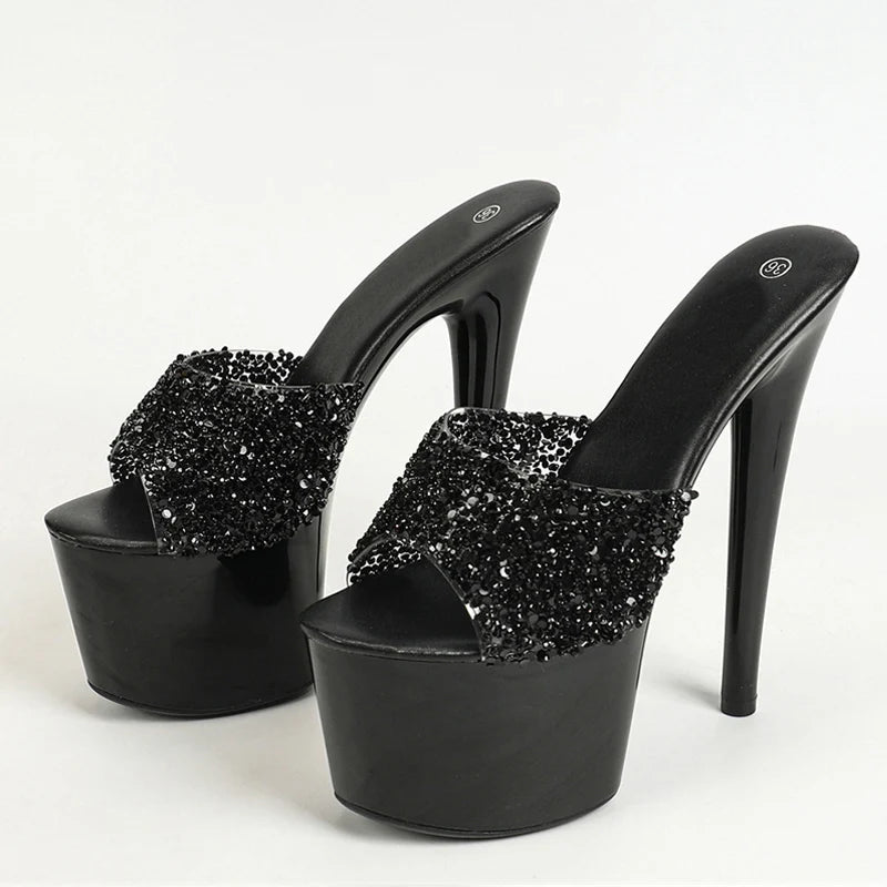 Liyke Black Red High Heels Platform Slippers – Summer Fashion Sequined PVC Transparent Sandals