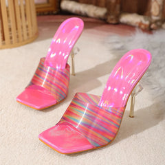 Liyke Candy Color PVC Transparent Slippers Women Square Toe High Heels Sandals Summer Fashion Party Shoes