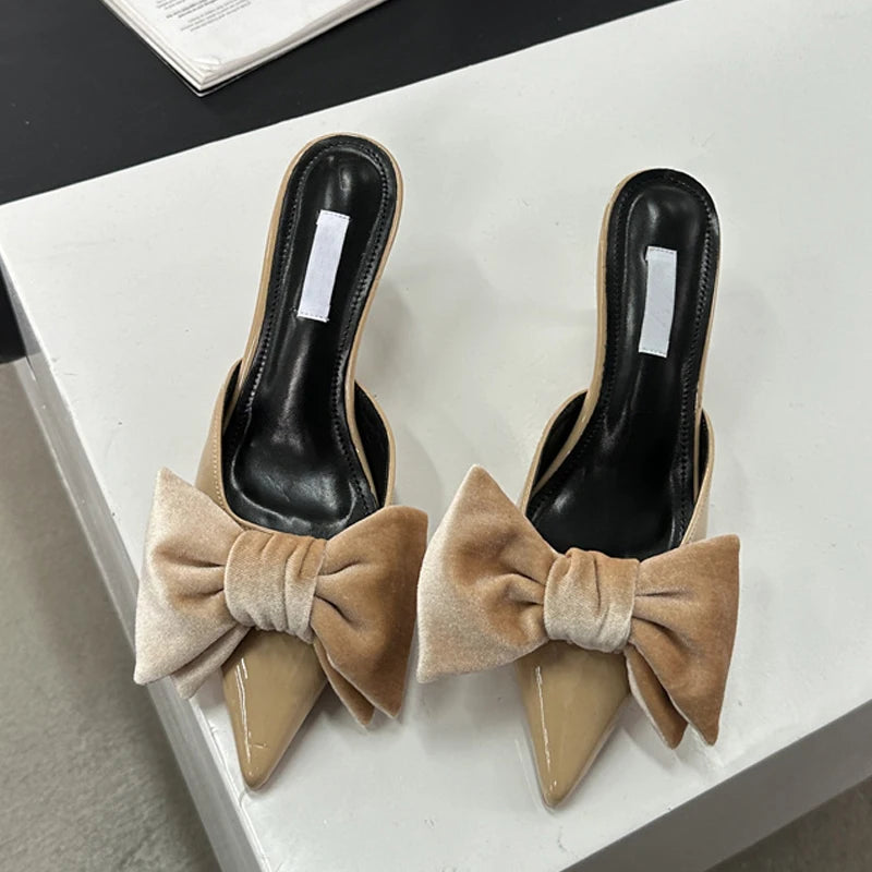 Liyke Designer Butterfly Knot Women Pumps Slippers – Pointed Toe Thin Heels Wedding Banquet Dress Mule Shoes