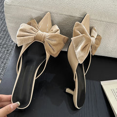 Liyke Designer Butterfly Knot Women Pumps Slippers – Pointed Toe Thin Heels Wedding Banquet Dress Mule Shoes