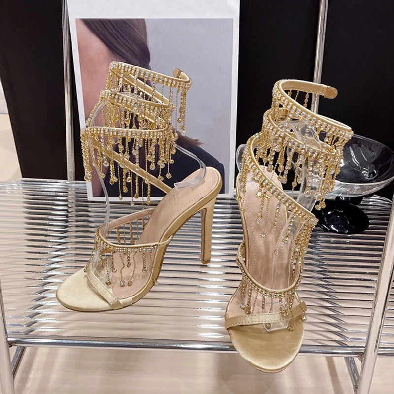 Liyke Elegant Women Wedding Banquet Crystal Tassel Stiletto Sandals Golden