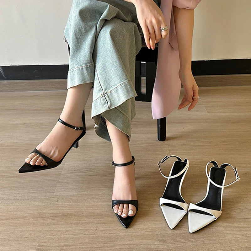 Liyke Fashion Black White Sandals Women 2024 Summer Gladiator Pointed Toe Thin Heels Casual Roma Sandalias