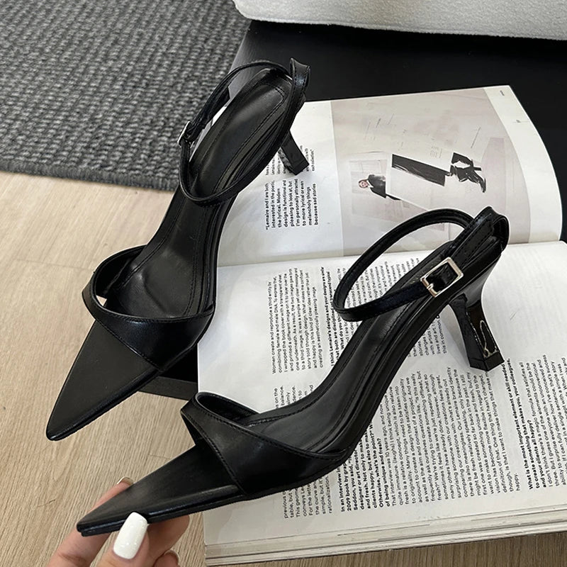 Liyke Fashion Black White Sandals Women 2024 Summer Gladiator Pointed Toe Thin Heels Casual Roma Sandalias