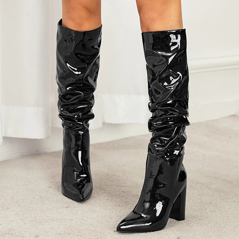 Liyke Fashion Cozy White Pleated Patent Leather Knee High Boots – Autumn Winter Women Shoes