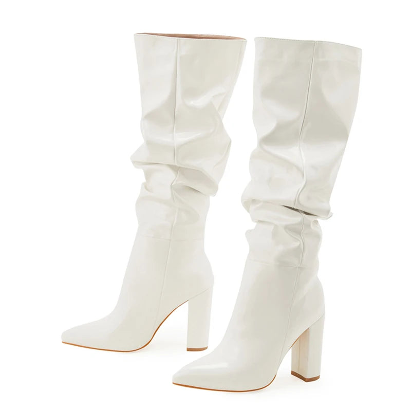 Liyke Fashion Cozy White Pleated Patent Leather Knee High Boots – Autumn Winter Women Shoes