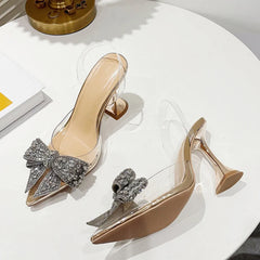 Liyke Fashion Crystal Sequined Bowknot Women Pumps – Sexy Pointed Toe High Heels Wedding Prom Shoes – Ladies PVC Transparent Sandals