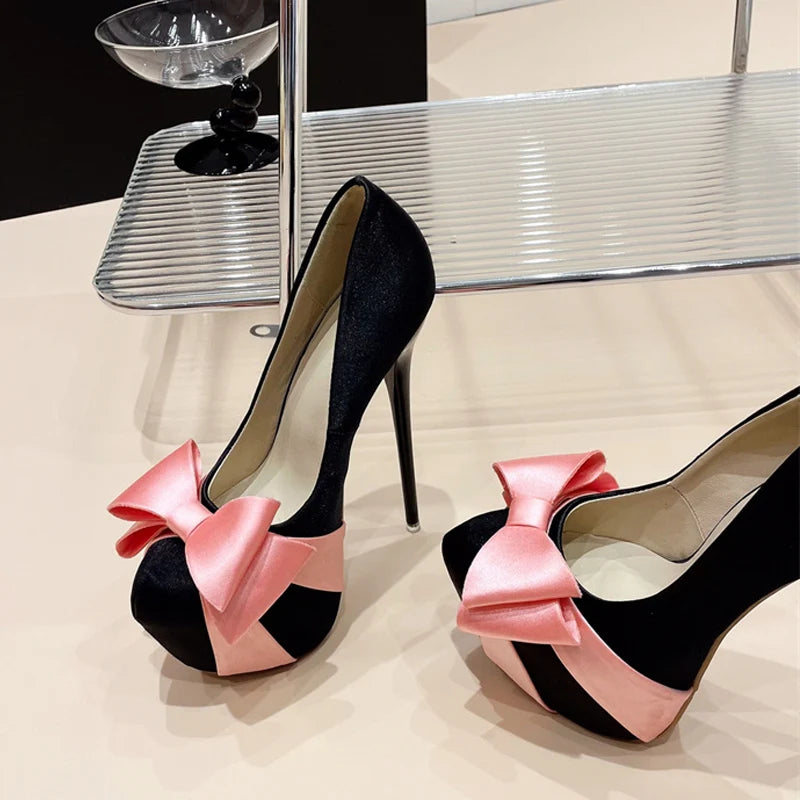 Liyke Fashion Design Bowknot Round Toe Platform Pumps Women Wedding Banquet Shoes Sexy Stripper Pole Dance High Heels Black Pink