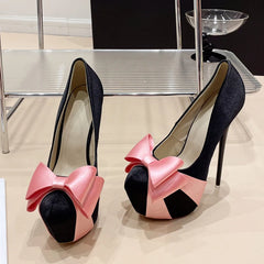 Liyke Fashion Design Bowknot Round Toe Platform Pumps Women Wedding Banquet Shoes Sexy Stripper Pole Dance High Heels Black Pink