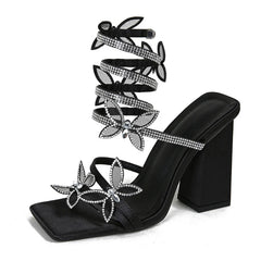 Liyke Fashion Crystal Butterfly Snake Coiled Women Sandals – Square Toe Chunky Heels