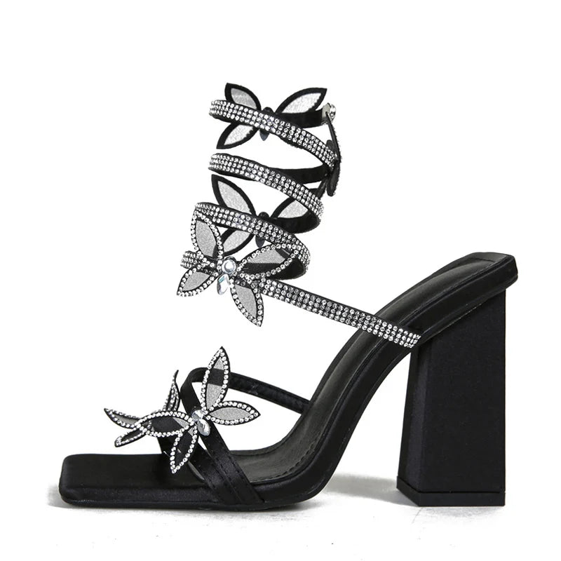 Liyke Fashion Crystal Butterfly Snake Coiled Women Sandals – Square Toe Chunky Heels