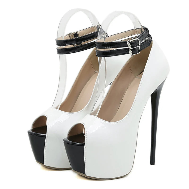 Liyke Fashion Double Buckle Strap Platform Sandals Women Pumps Peep Toe High Heels White