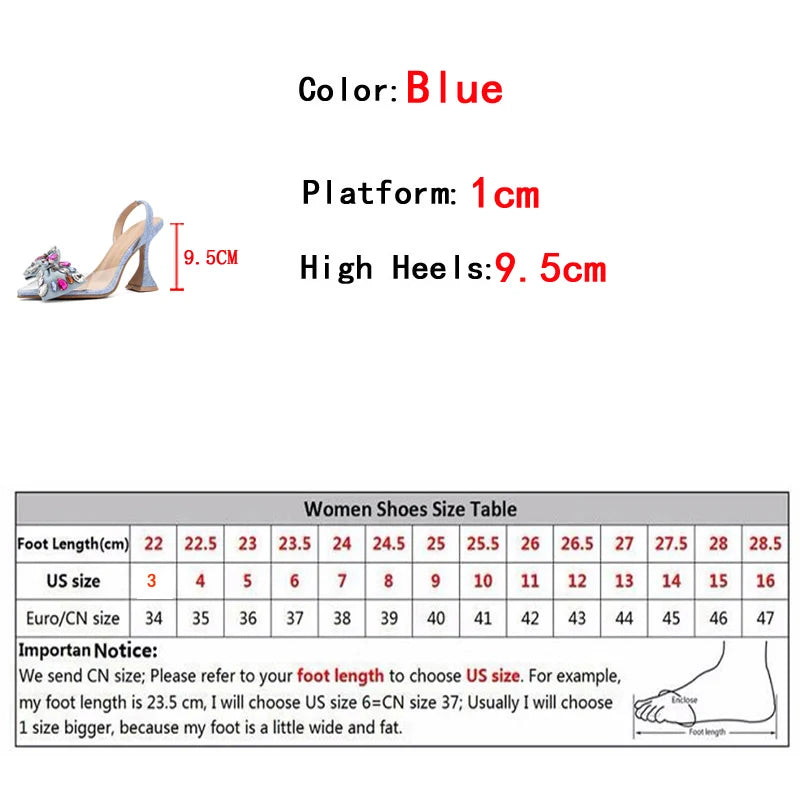 Fashion Design Gem Bowknot Women Pumps Sexy Pointed Toe Blue Denim High Heels Shoes Ladies PVC Transparent Sandal