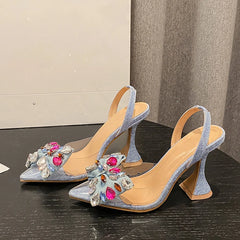 Fashion Design Gem Bowknot Women Pumps Sexy Pointed Toe Blue Denim High Heels Shoes Ladies PVC Transparent Sandal