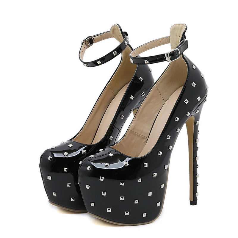 Liyke Fashion Design Metal Rivet Round Toe Platform High Heels Ankle Strap Women Pumps Stiletto Mujer 2024