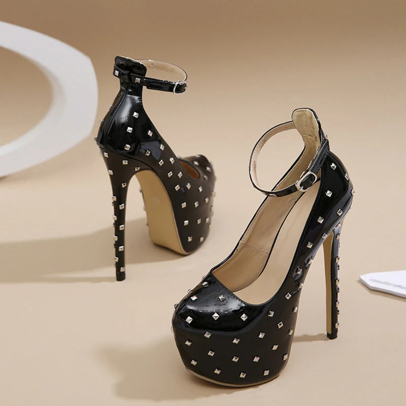 Liyke Fashion Design Metal Rivet Round Toe Platform High Heels Ankle Strap Women Pumps Stiletto Mujer 2024