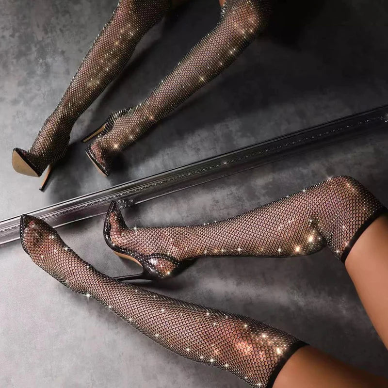 Liyke Fashion Rhinestone Fishnet Mesh Women Pumps High Heels Over-The-Knee Boots