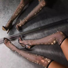 Liyke Fashion Rhinestone Fishnet Mesh Women Pumps High Heels Over-The-Knee Boots