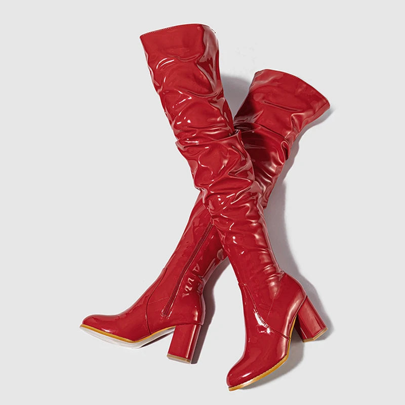 Liyke Fashion Red Patent Leather Thigh High Motorcycle Boots