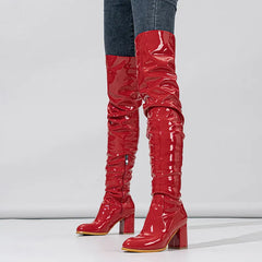 Liyke Fashion Red Patent Leather Thigh High Motorcycle Boots