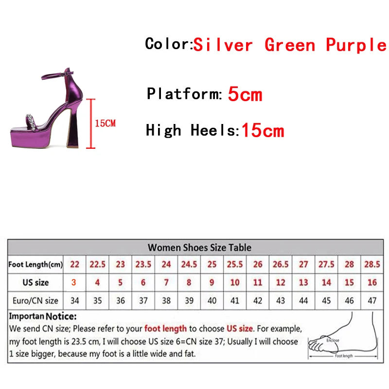 Liyke Fashion Silver Green Ankle Strap Sandals Women 2024 Crystal Square Toe High Heels Platform Shoes