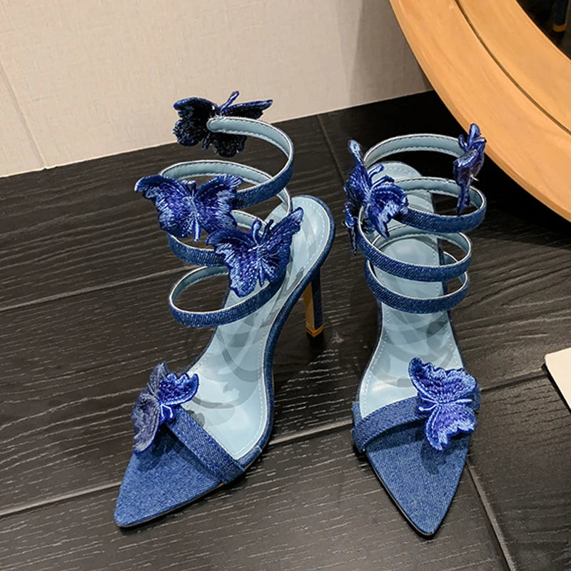 Liyke Blue Butterfly Ankle Strap Sandals: High Quality Embroidery, Sexy Pointed Toe, Gladiator Heels for Women’s Summer Party Dress Shoes