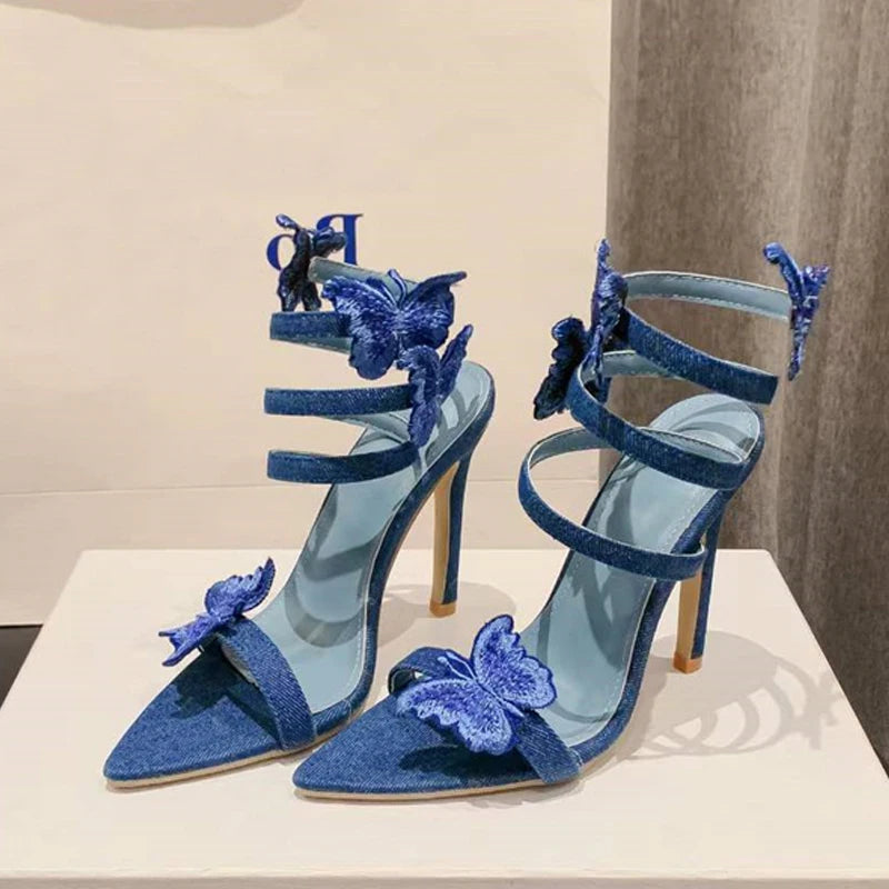 Liyke Blue Butterfly Ankle Strap Sandals: High Quality Embroidery, Sexy Pointed Toe, Gladiator Heels for Women’s Summer Party Dress Shoes