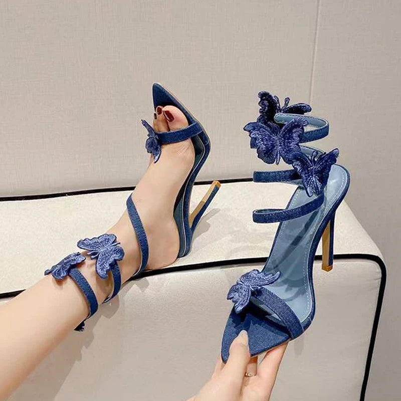 Liyke Blue Butterfly Ankle Strap Sandals: High Quality Embroidery, Sexy Pointed Toe, Gladiator Heels for Women’s Summer Party Dress Shoes