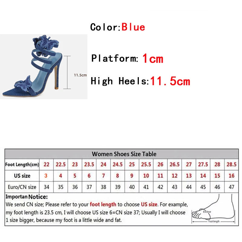 Liyke Blue Butterfly Ankle Strap Sandals: High Quality Embroidery, Sexy Pointed Toe, Gladiator Heels for Women’s Summer Party Dress Shoes