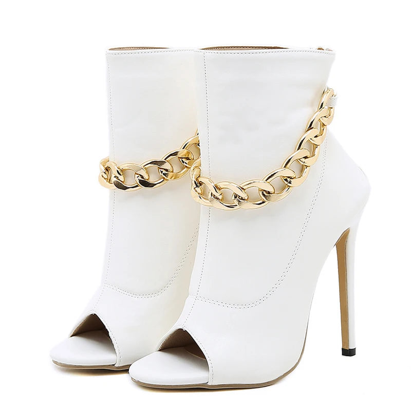 Liyke White Leather Ankle Sandals with Metal Chain Design and Thin Heels