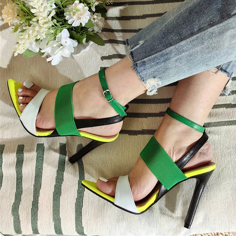 Liyke New Brand Mixed Color Buckle Strap Sandals – Women’s Sexy Pointed Toe High Heels for Summer Parties and Strippers