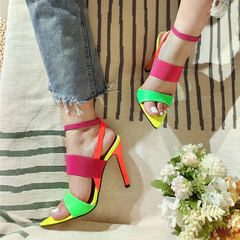 Liyke New Brand Mixed Color Buckle Strap Sandals – Women’s Sexy Pointed Toe High Heels for Summer Parties and Strippers