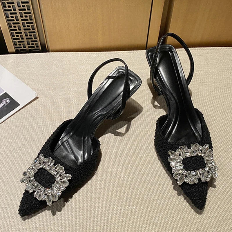 Crystal Buckle Pointed Toe Low Thin Heels Wedding Prom Shoes High Quality Wool Women Pumps Sandals