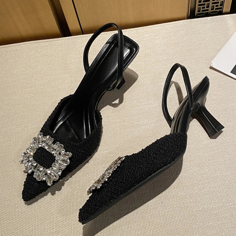 Crystal Buckle Pointed Toe Low Thin Heels Wedding Prom Shoes High Quality Wool Women Pumps Sandals