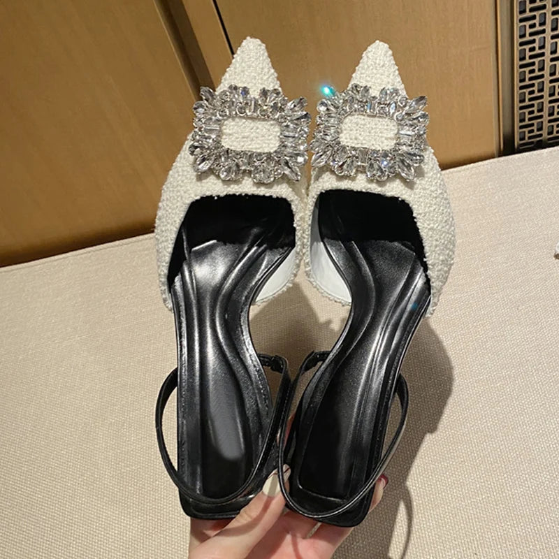 Crystal Buckle Pointed Toe Low Thin Heels Wedding Prom Shoes High Quality Wool Women Pumps Sandals