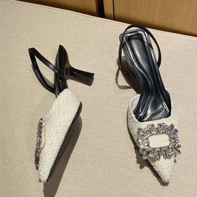 Crystal Buckle Pointed Toe Low Thin Heels Wedding Prom Shoes High Quality Wool Women Pumps Sandals