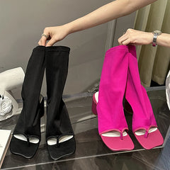 Fashion Clip Toe Stretch Fabric Socks Boots Sexy Cut-Out Square Heels Women Ankle Booties