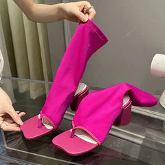 Fashion Clip Toe Stretch Fabric Socks Boots Sexy Cut-Out Square Heels Women Ankle Booties