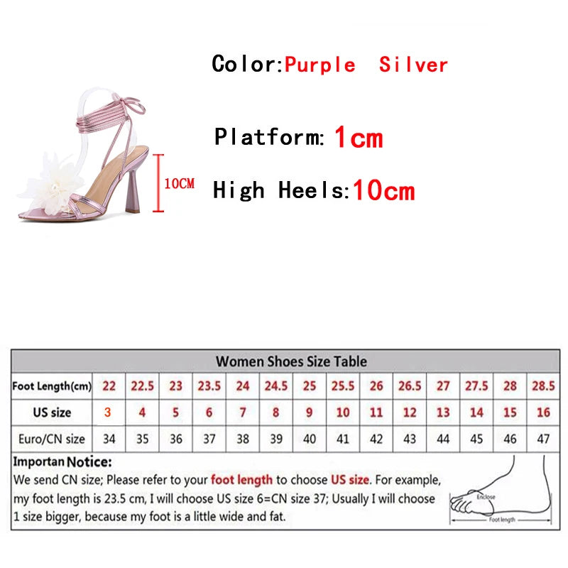 Liyke New Fashion Pearl Flower Women Ankle Strap Sandals – Purple Silver High Heels