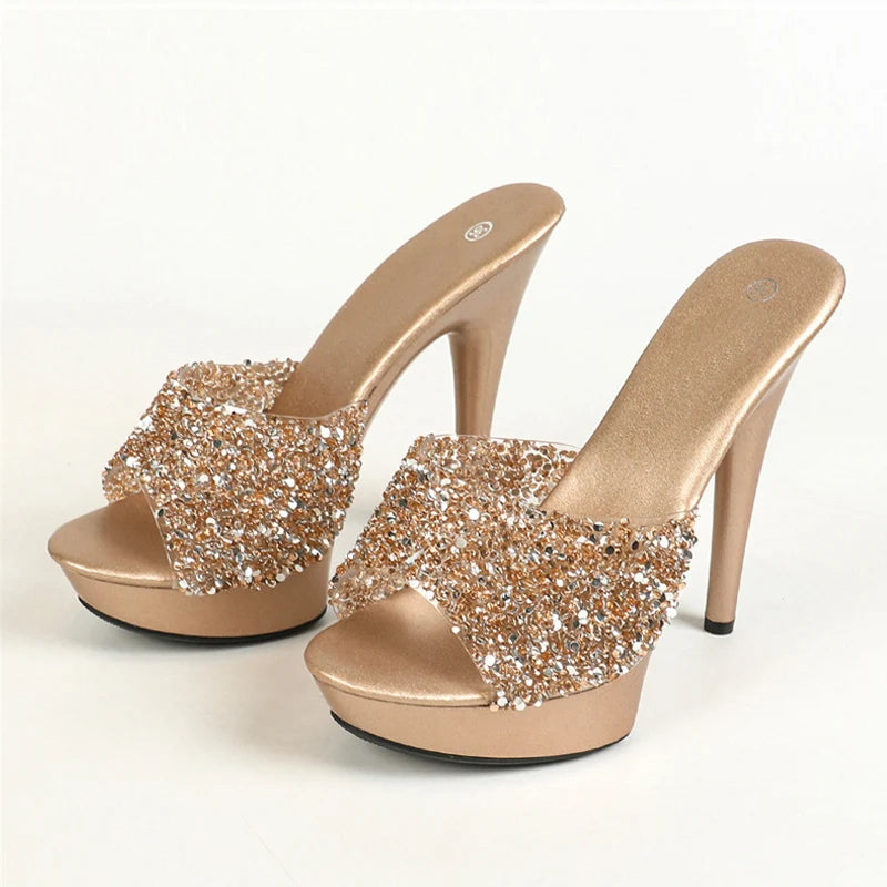 Liyke Glitter Sequined PVC Transparent Platform Slippers – Sexy Open Toe Stripper High Heels