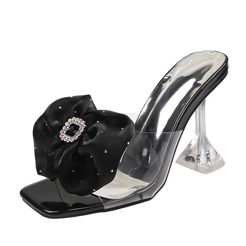 Liyke PVC Transparent Slippers: Rhinestone Buckle Bowknot High Heels